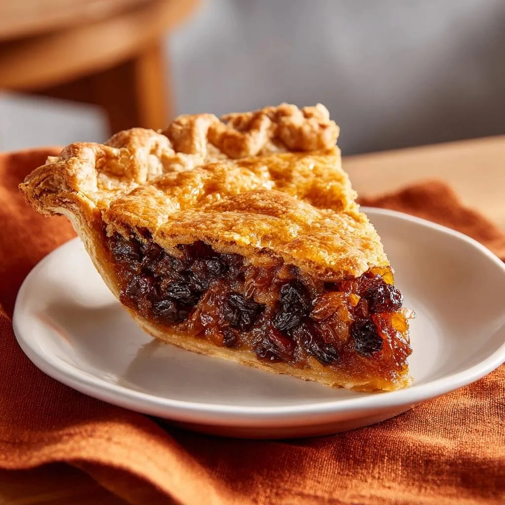 Apricot raisin pie with flaky crust shown as a close-up slice on a white plate, highlighting the filling.