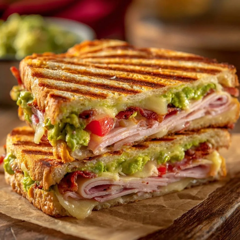 Avocado bacon turkey panini showing a cross-section with layers of turkey, bacon, avocado, and tomato.