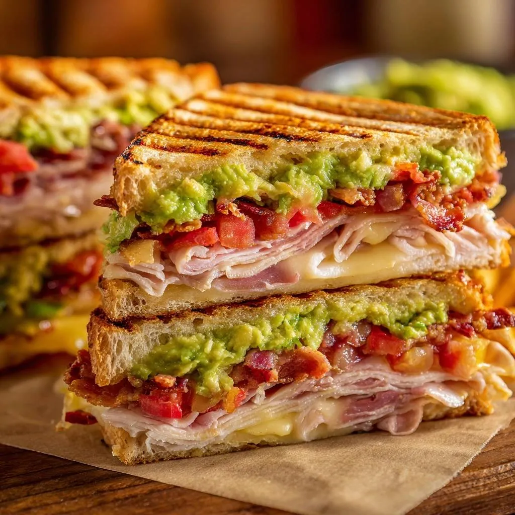 Avocado bacon turkey panini shown in a close-up cross-section revealing layers of ingredients.