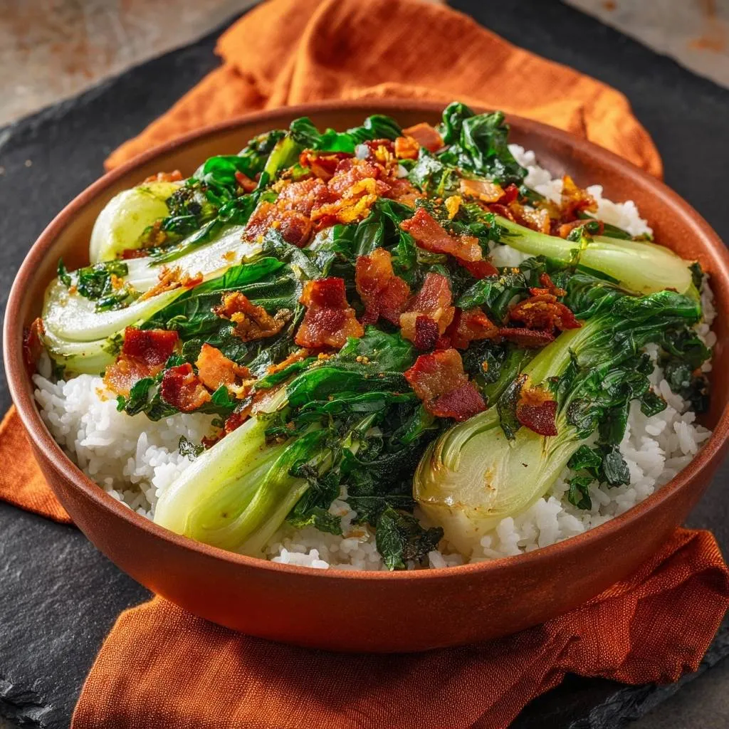 Bacon bok choy rice bowl with crisp tender texture, showing a close-up of crumbled bacon topping the greens.
