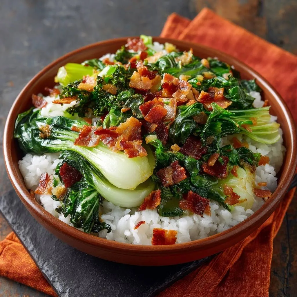 Bacon bok choy rice bowl with crisp tender texture, showcasing a generous topping of crumbled bacon.