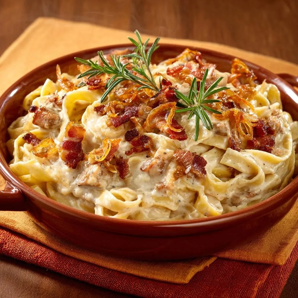 Bacon caramelized onion fettuccine pasta topped with crispy bacon bits and fresh rosemary sprigs.