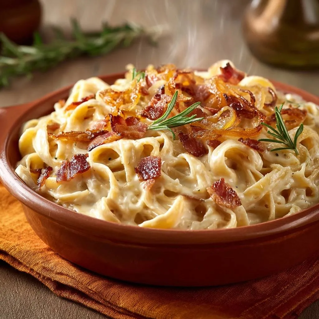 Bacon caramelized onion fettuccine served hot in a rustic bowl, with steam rising from the creamy pasta.