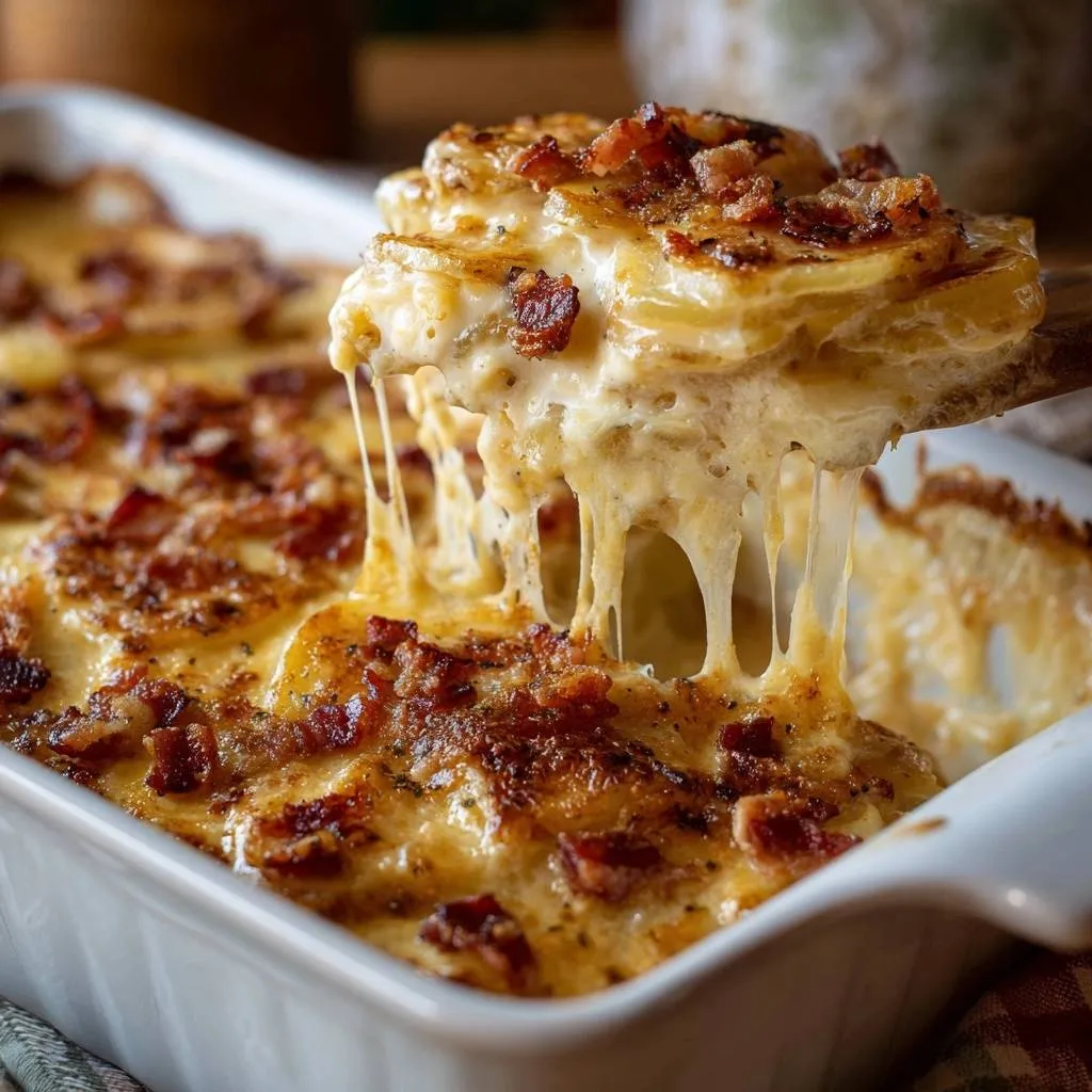 Bacon cheddar scalloped potatoes with a creamy sauce, showing a cheesy pull from a serving spoon.