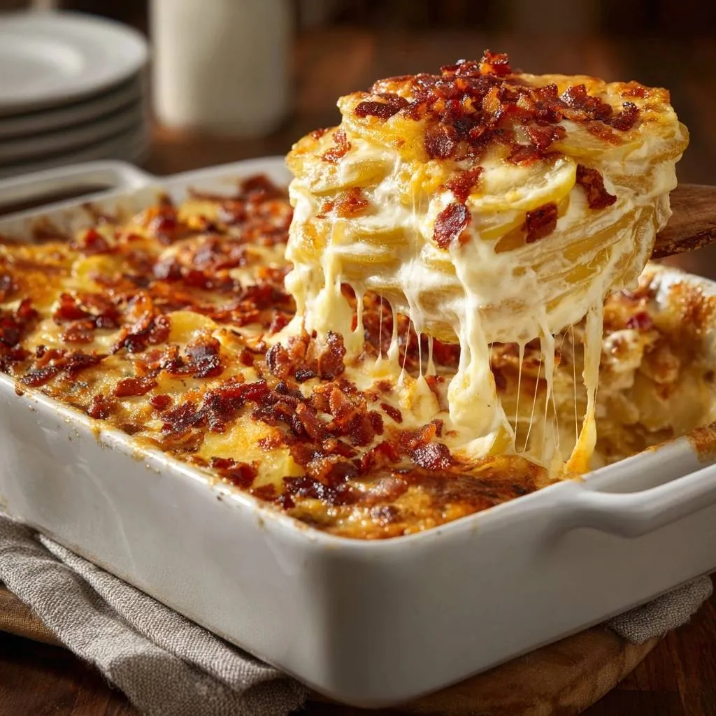 Bacon cheddar scalloped potatoes with creamy sauce, a cheesy slice pulled from the baking dish showing layers and cheese pulls.