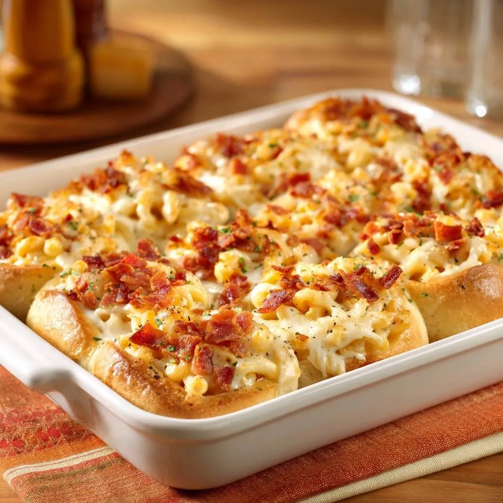Bacon mac and cheese pull-apart rolls shown in a white baking dish, overhead view of the cheesy pasta topping.