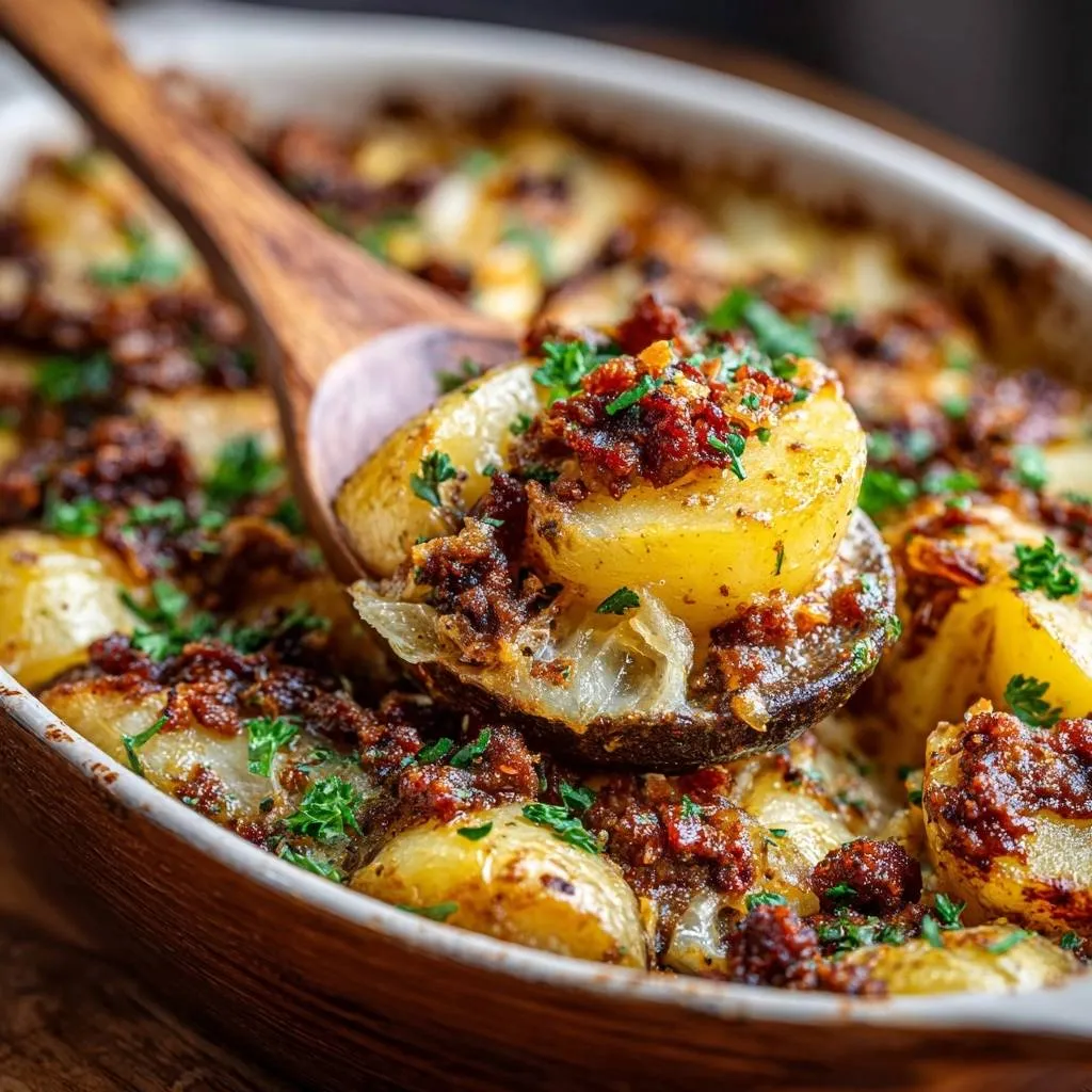Bacon onion scalloped potatoes served in a baking dish with a spoonful of the creamy dish showing the bacon and onion topping.