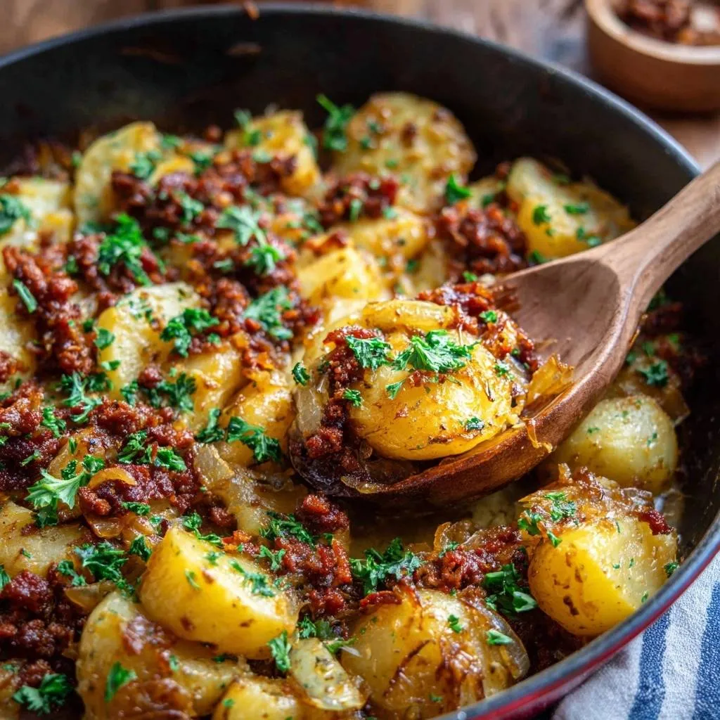 Bacon onion scalloped potatoes served with a wooden spoon, showing a close-up view of the creamy potato layers.