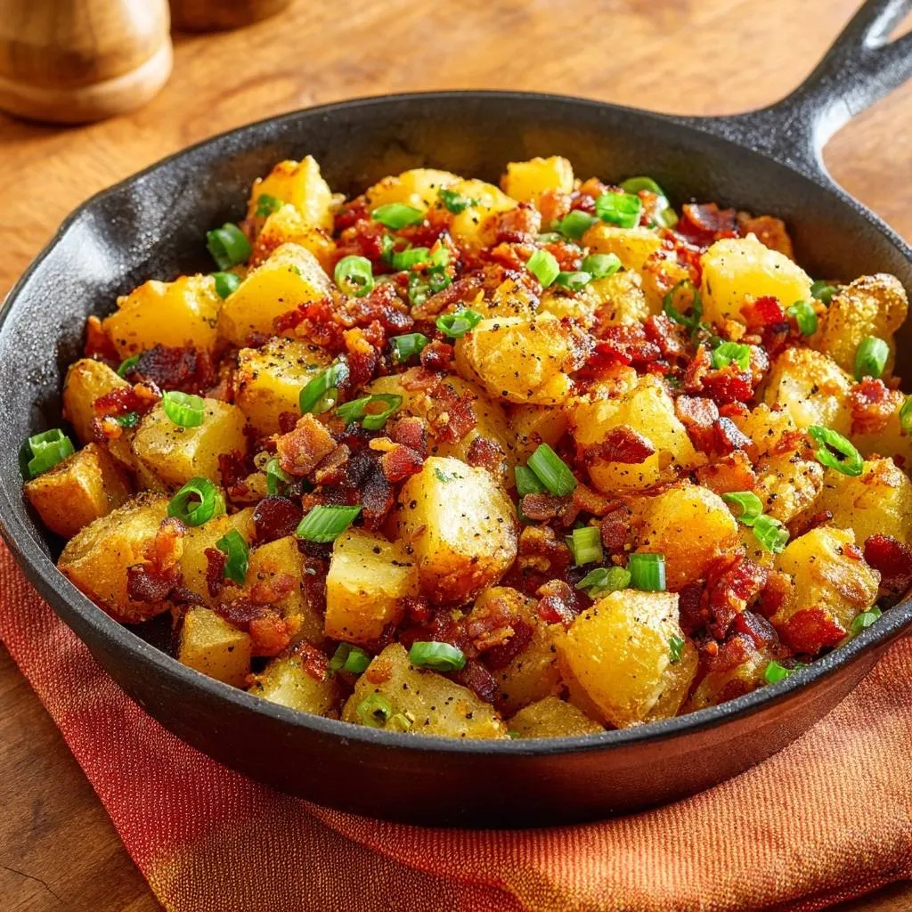 Crispy bacon potato skillet in a cast iron pan, garnished with chopped green onions and black pepper.