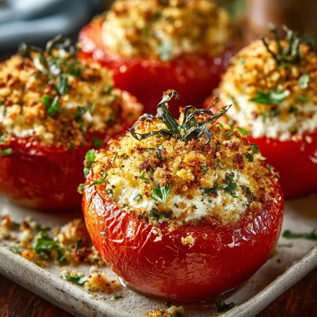 Baked feta stuffed tomatoes, a close-up view showing the creamy filling and toasted breadcrumb topping.