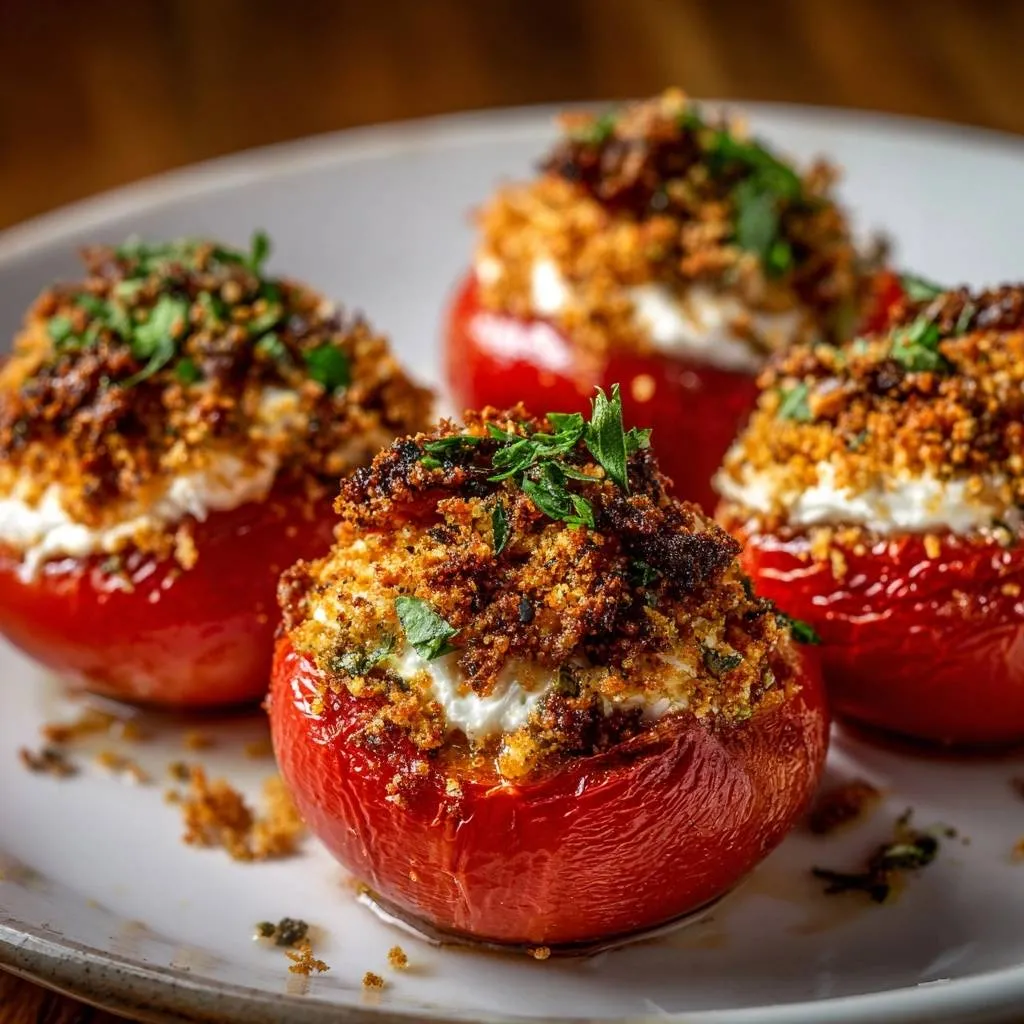 Baked feta stuffed tomatoes shown plated, featuring a golden breadcrumb topping and fresh parsley garnish.