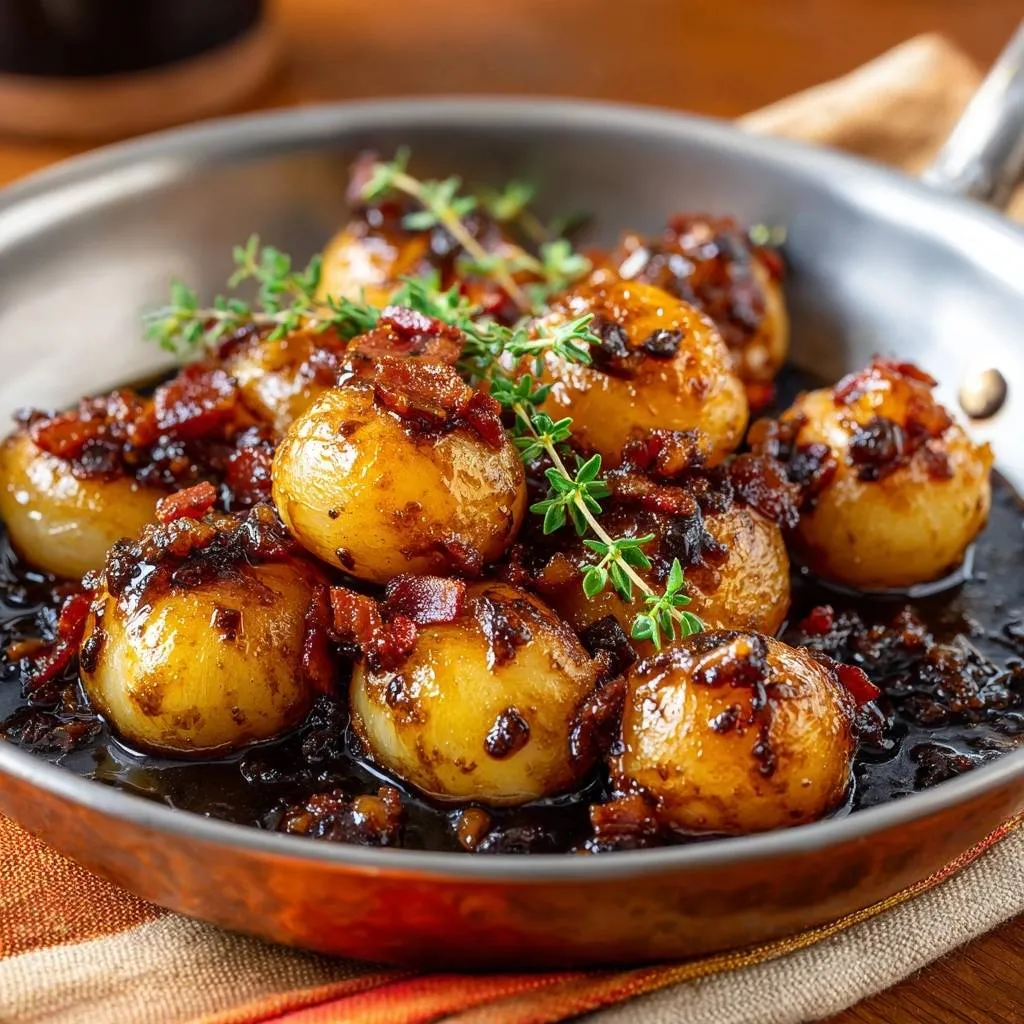 Balsamic glazed pearl onions with bacon and thyme served in a skillet, showcasing a close-up view of the rich glaze.