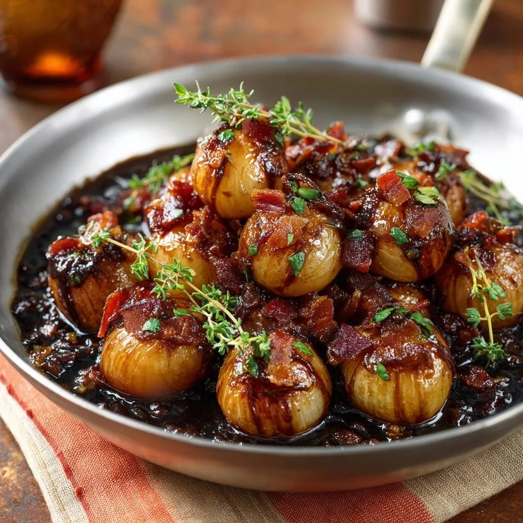 Balsamic glazed pearl onions with bacon and thyme, presented in a close-up view within a skillet.