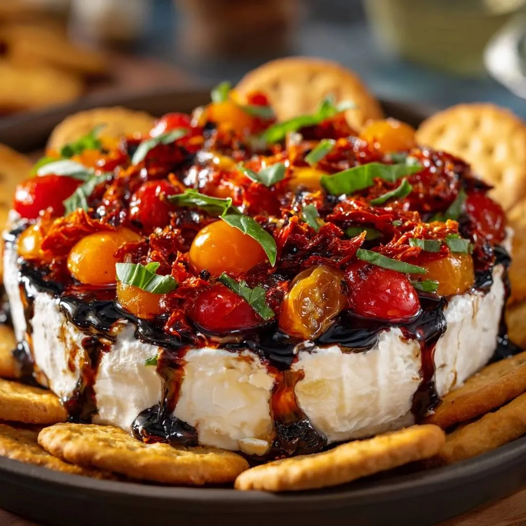 Balsamic roasted tomato baked brie with a rich balsamic glaze drizzled over the top and surrounded by crackers.