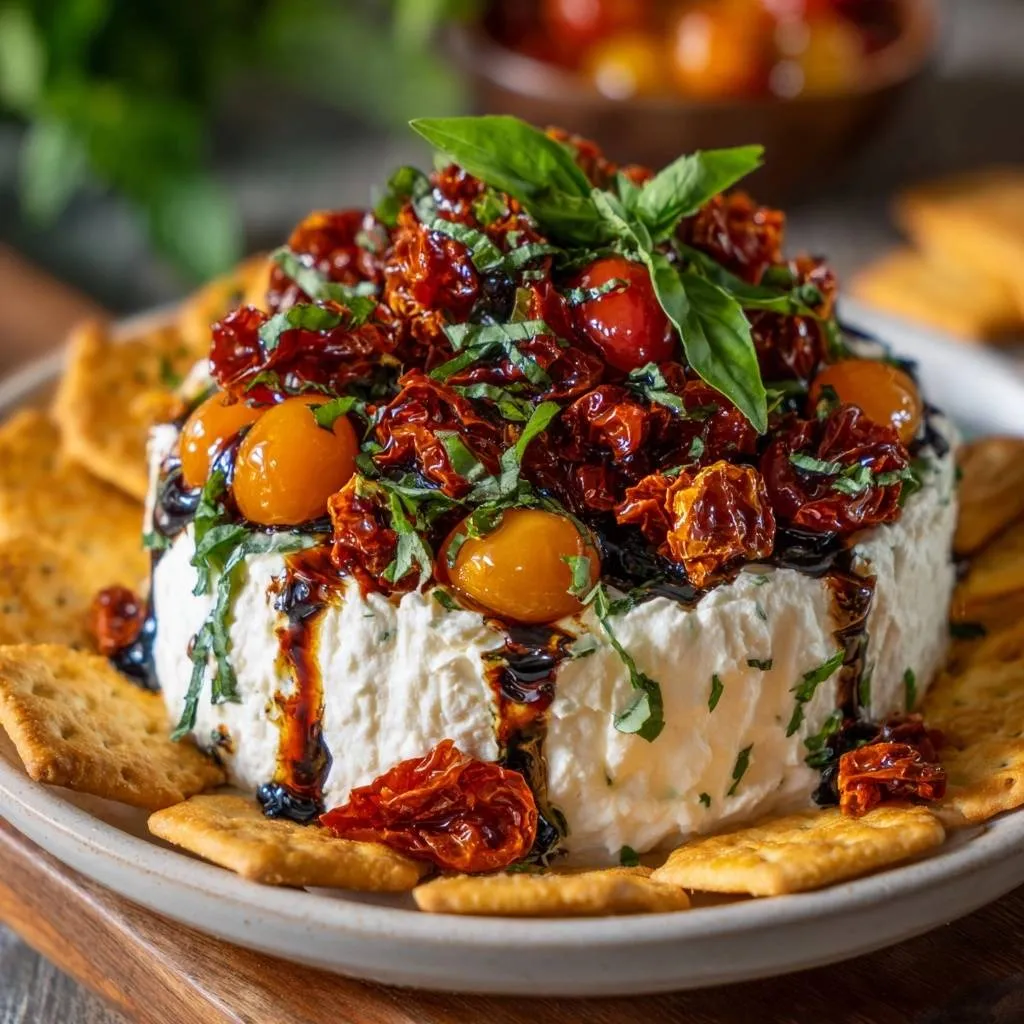 Balsamic roasted tomato baked brie topped with fresh basil, sun-dried tomatoes, and cherry tomatoes, served with crackers.