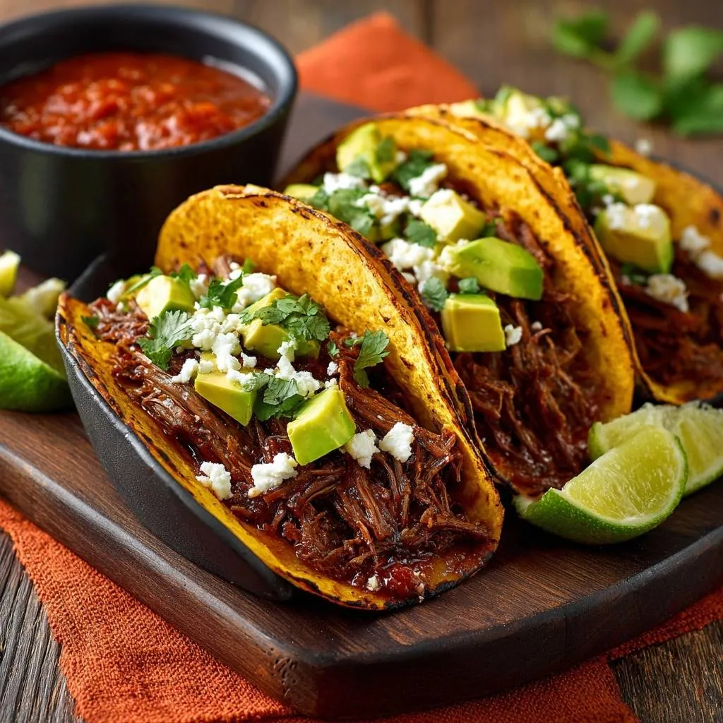 Barbacoa beef tacos with avocado, cheese, and cilantro, showing the shredded meat filling.