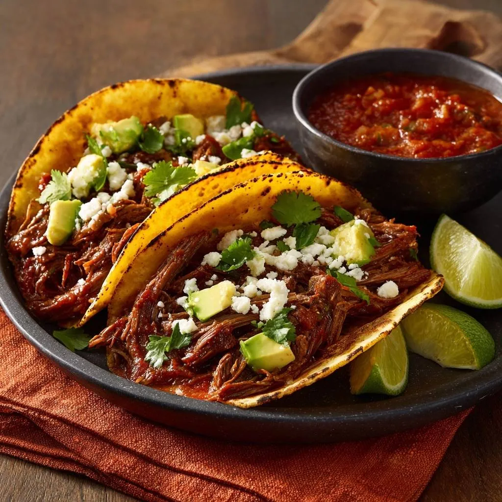 Barbacoa beef tacos garnished with avocado, cheese, and cilantro served on a plate with salsa and lime.
