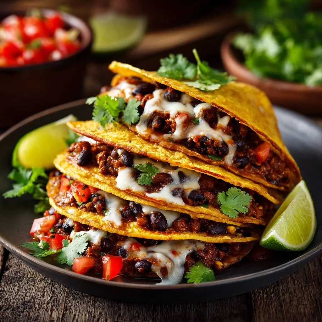 Crispy beef and black bean quesadillas stacked on a plate, garnished with cilantro and lime.