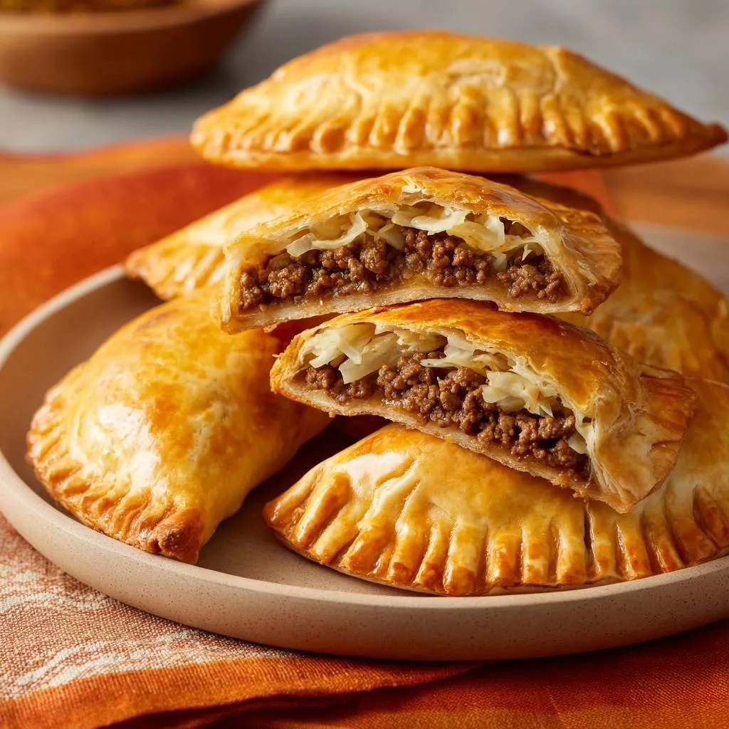 Beef and cabbage empanadas cross-section stacked on a plate, showing the savory ground beef filling.