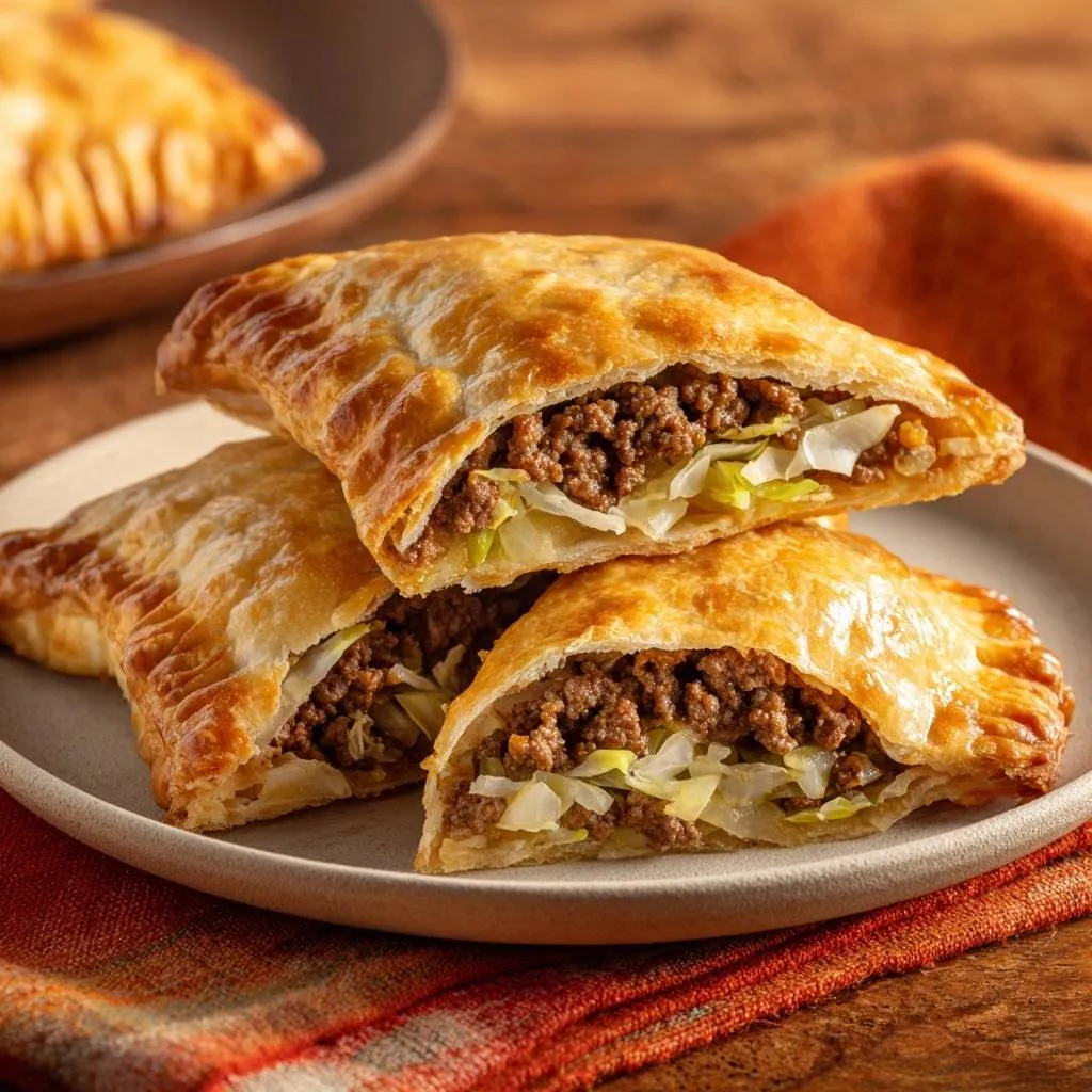 Beef and cabbage empanadas shown in a close-up cross-section, highlighting the savory filling and golden pastry.