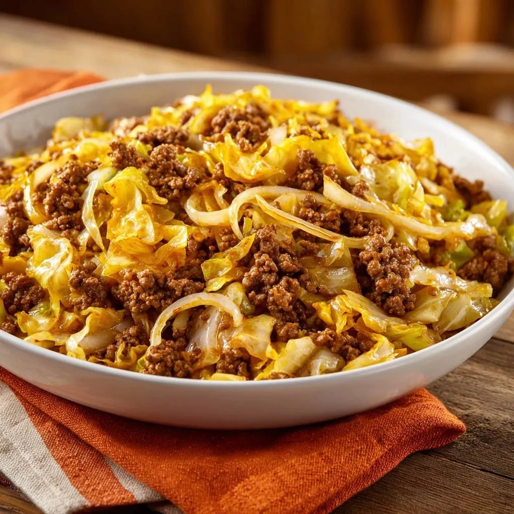 Beef and cabbage skillet showing the ground beef and sautéed cabbage in a white bowl with an orange napkin.