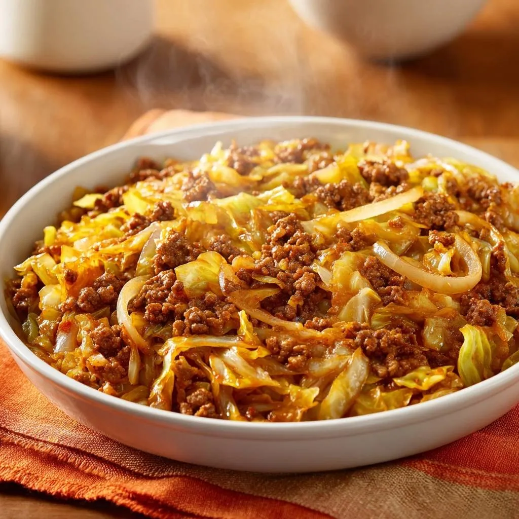 Beef and cabbage skillet served hot and steaming in a white bowl, showcasing tender textures and rich flavors.