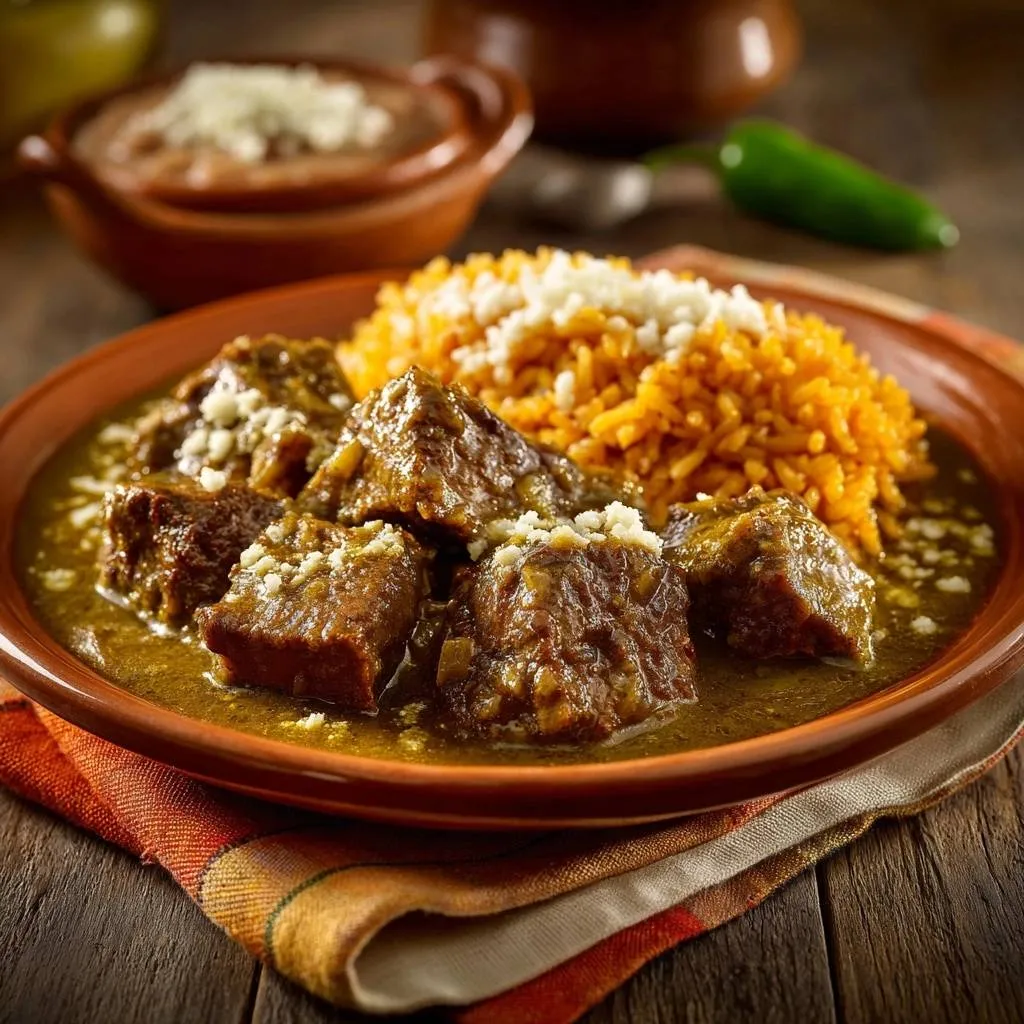Beef Chile Verde with Mexican Rice, a plated serving with tender beef chunks and vibrant rice, topped with cheese.