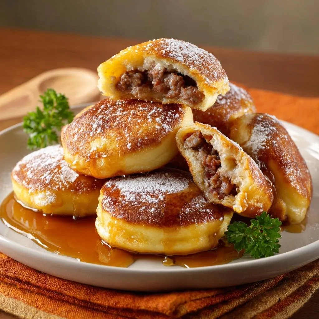 Crispy beef pierogi shown in a close-up cross-section, dusted with powdered sugar and drizzled with syrup.