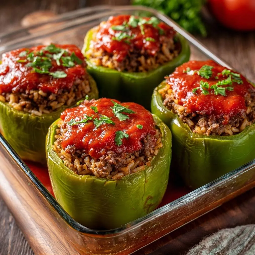 Beef and rice stuffed peppers shown in a clear baking dish, four servings with tomato sauce and parsley garnish.