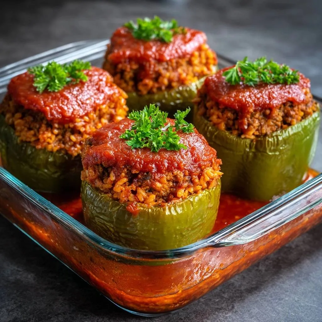Beef and rice stuffed peppers baked in a glass dish, topped with tomato sauce and parsley garnish.