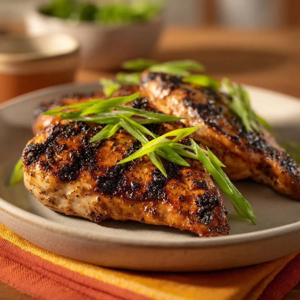 Black sesame crusted chicken breasts are garnished with fresh green scallions on a light grey plate.