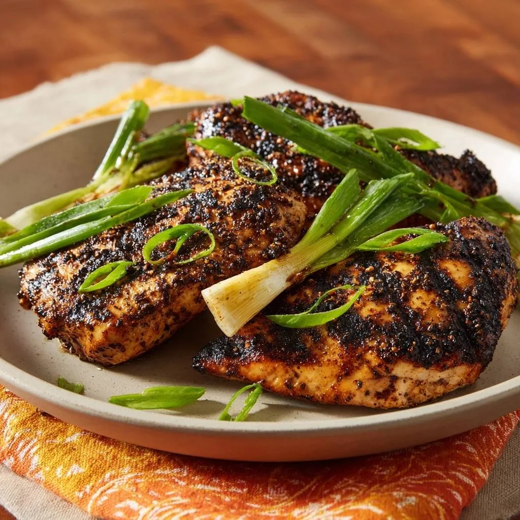 Black sesame crusted chicken breasts with a close-up view of the savory crust and fresh green onion garnish.