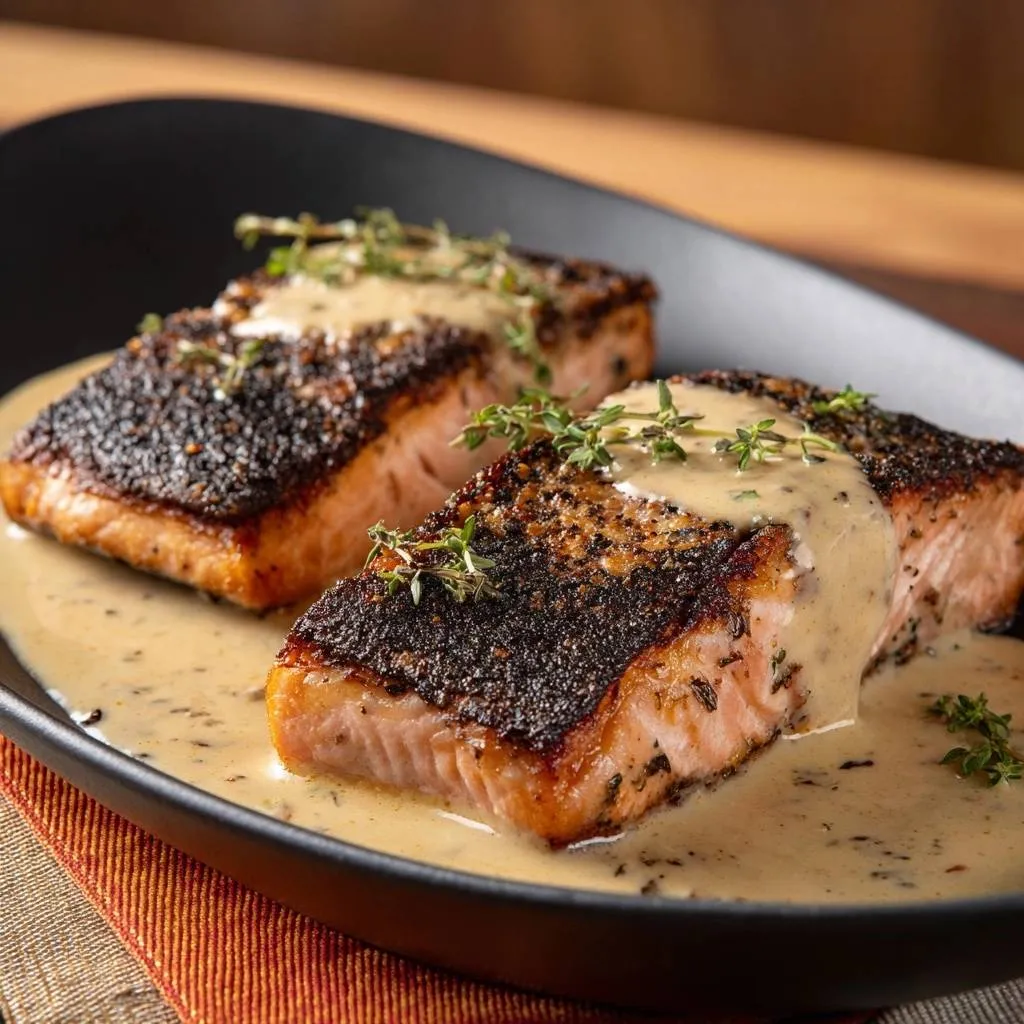Blackened salmon with creamy thyme sauce, plated and served with a close-up view of the flaky fish and rich sauce.