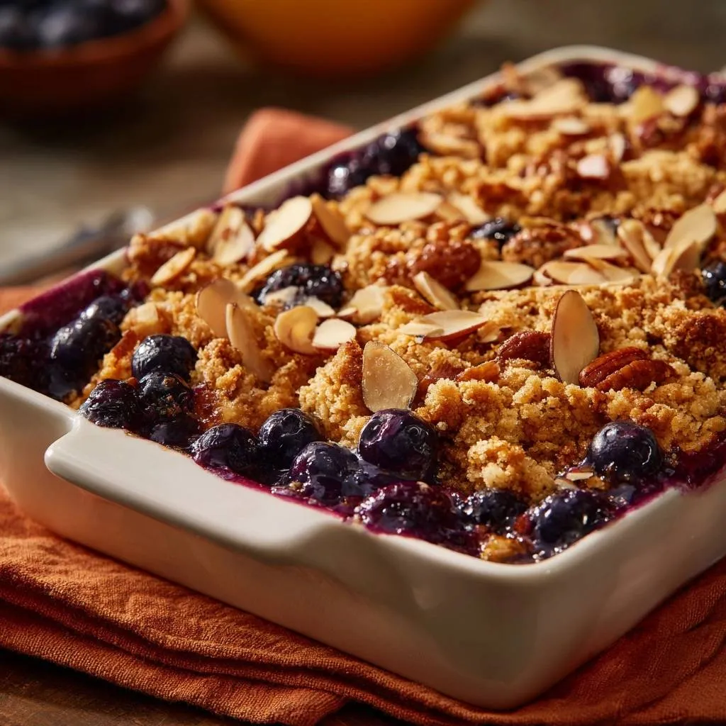 Blueberry almond pecan crisp with a close-up view of the streusel topping and fresh berries.