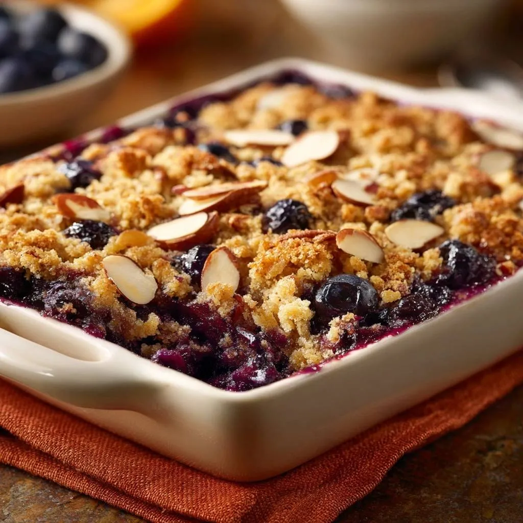 Blueberry almond pecan crisp with a golden crumble topping and sliced almonds, showing a close-up view of the texture.