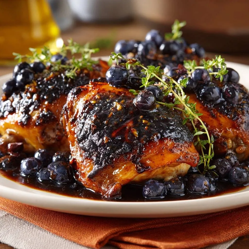 Blueberry thyme glazed chicken thighs shown in a close-up view with fresh blueberries and thyme sprigs on top.