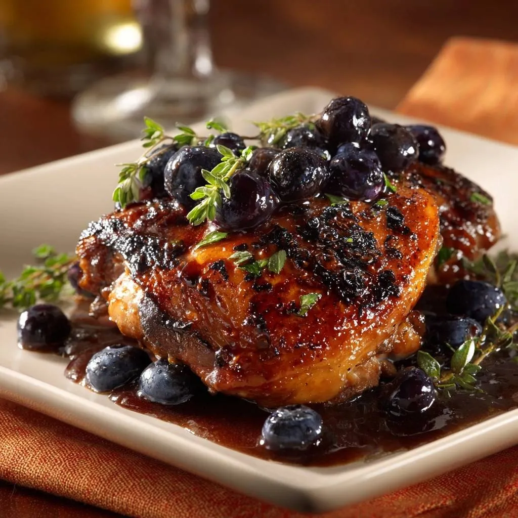 Blueberry thyme glazed chicken thighs plated with fresh blueberries and herbs, presented in a close-up view.