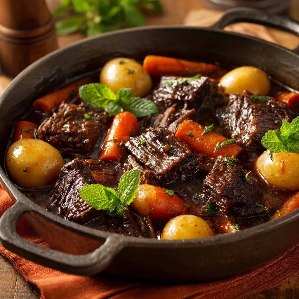 Braised beef with potatoes and carrots shown in a close-up view within a rustic Dutch oven, garnished with fresh mint.