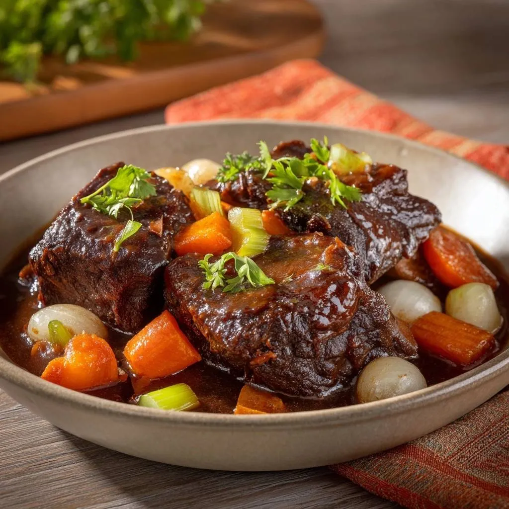 Braised beef short ribs served in a bowl with carrots, onions, and fresh parsley garnish.