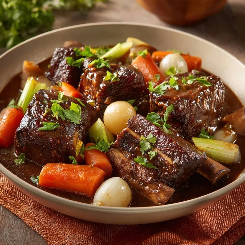 Braised beef short ribs in a rich sauce, garnished with fresh parsley and served with carrots and pearl onions.