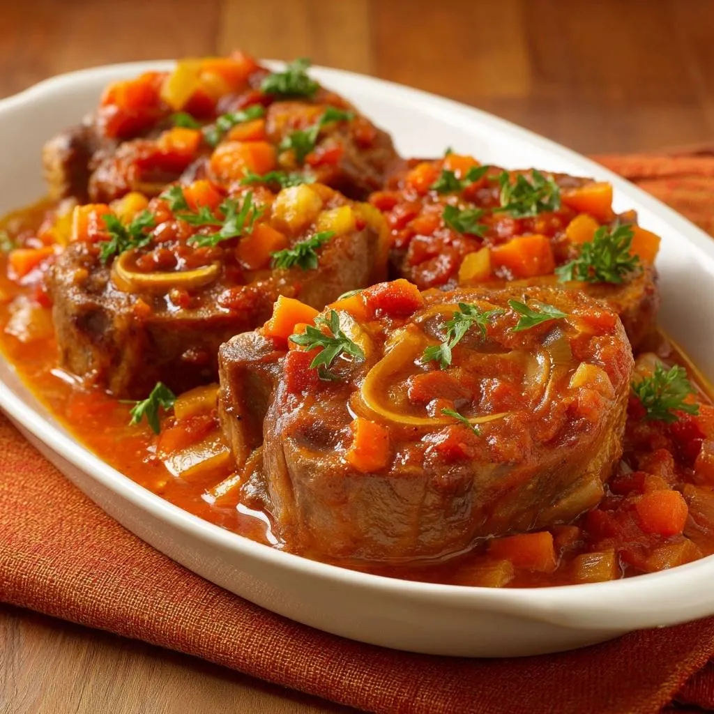 Braised beef short ribs in a rich tomato and vegetable sauce, garnished with fresh parsley.