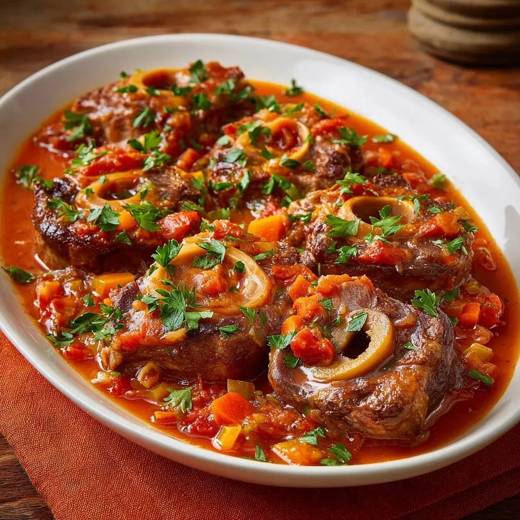 Braised beef short ribs served in a rich tomato sauce, garnished with fresh parsley, on a white platter.