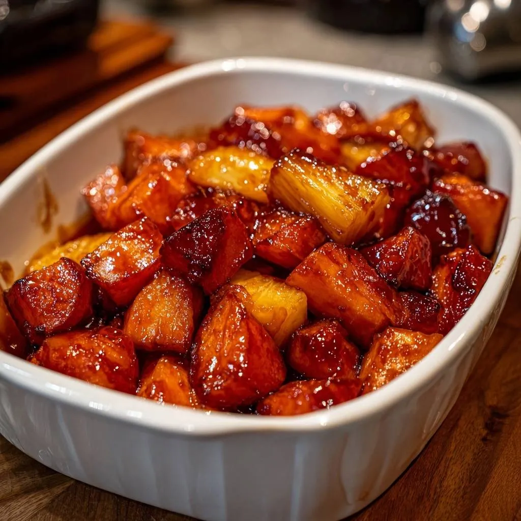 Brown sugar glazed baked pineapple presented in a white dish, showcasing glistening pieces up close.