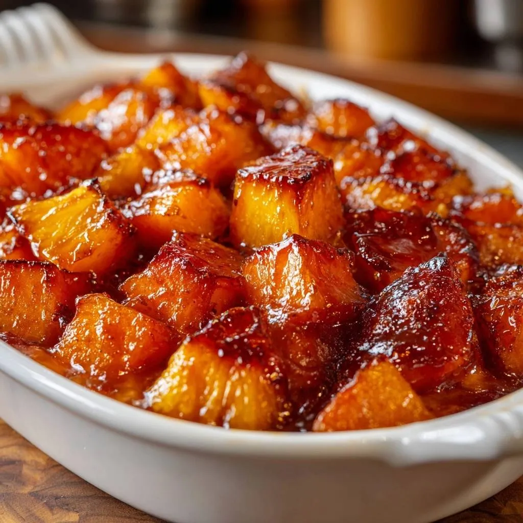 Brown sugar glazed baked pineapple in a white dish, showing the glistening caramelized surface and cubed pieces.