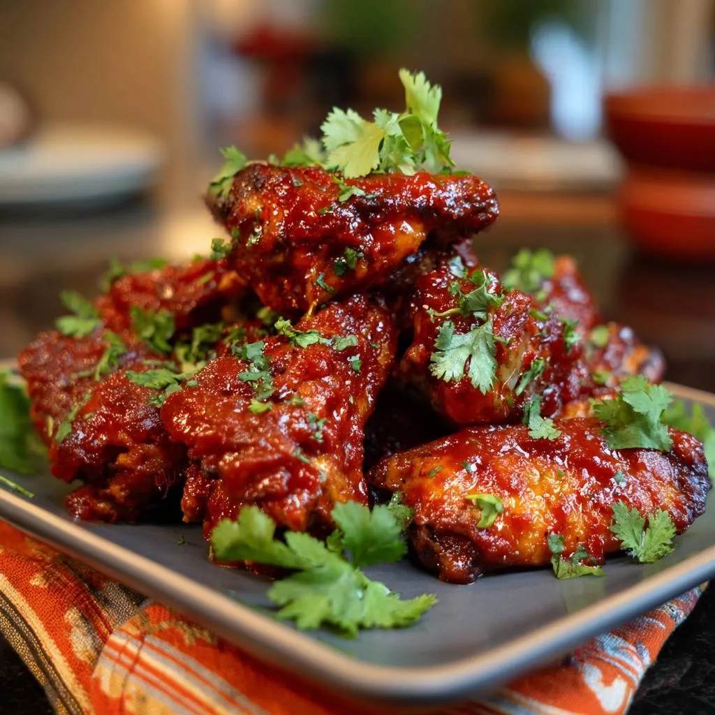 Crispy Buffalo Wings: Oven-Baked Perfection, presented as a generous pile garnished with fresh cilantro leaves.