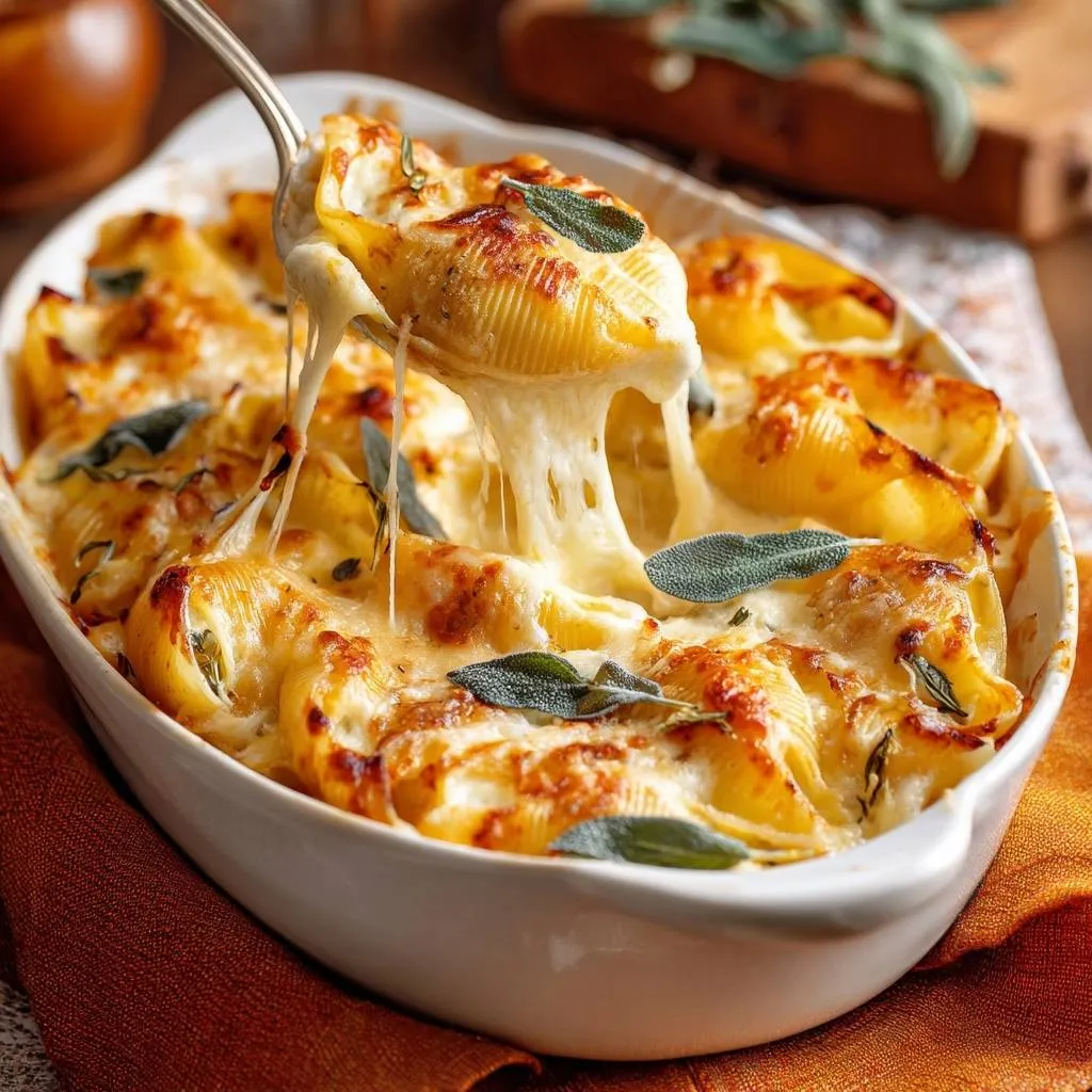 Butternut squash stuffed shells with a cheesy pull, garnished with fresh sage leaves.