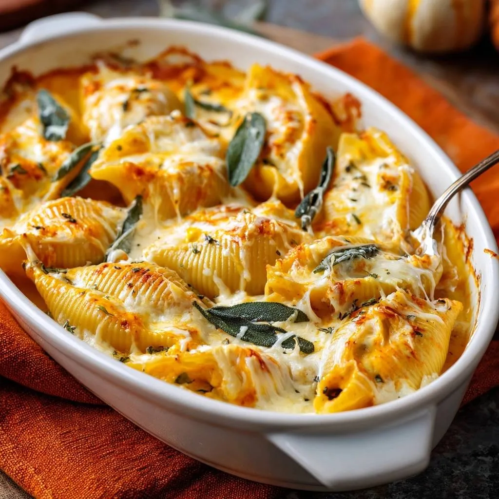 Butternut squash stuffed shells with a spoon scooping a creamy serving, garnished with fresh sage leaves.