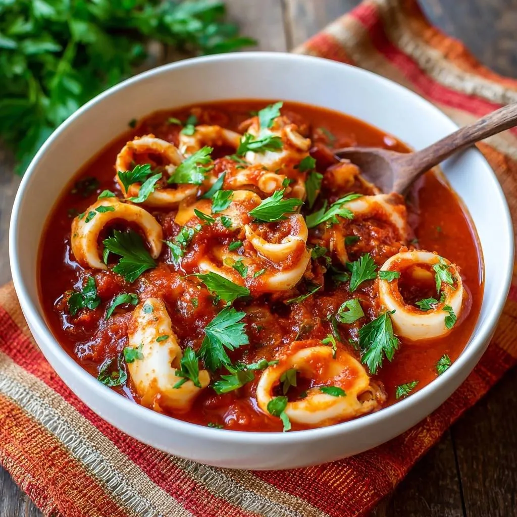 Calamari in tomato sauce shown in a white bowl, garnished with fresh parsley and a wooden spoon.