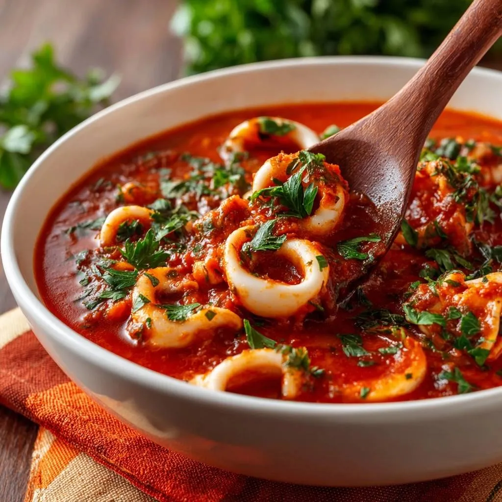 Calamari in tomato sauce with a wooden spoon scooping up tender squid rings in a rich sauce.