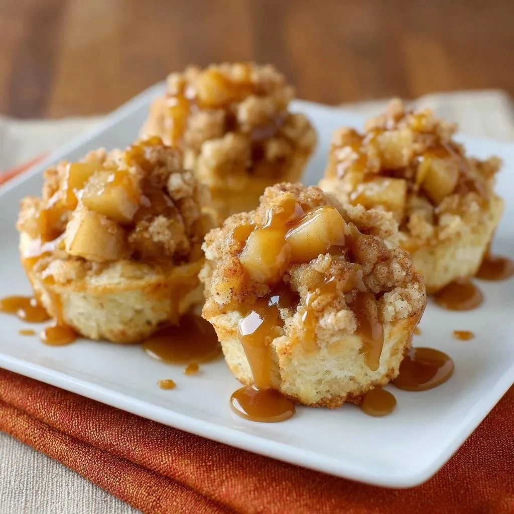 Caramel apple crumb muffins with crunchy streusel, generously drizzled with rich caramel sauce, served on a white plate.